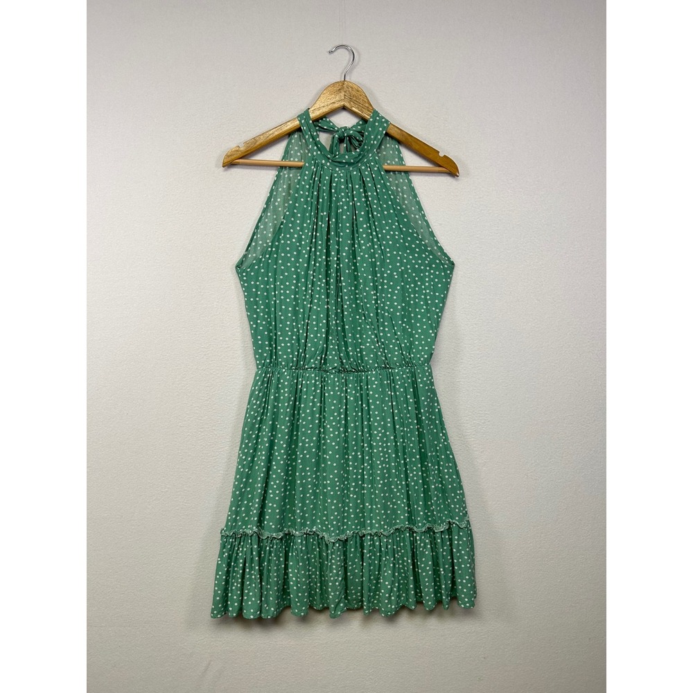 Retro Boho BTFBM Women Medium Green Polka Dot Halter Ruffle Mini Dress